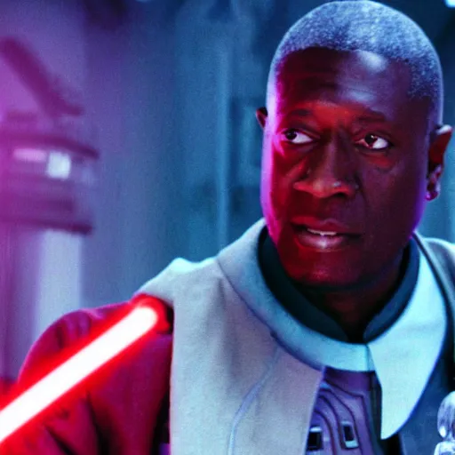 Image similar to gucci mane holding a lightsaber as mace windu in star wars episode 3, 8k resolution, full HD, cinematic lighting, award winning, anatomically correct