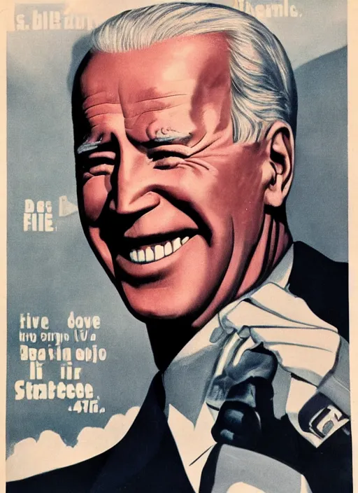 Image similar to first person perspective of joe biden staring directly at you ominously with a big scary smile, 1940s scare tactic propaganda art