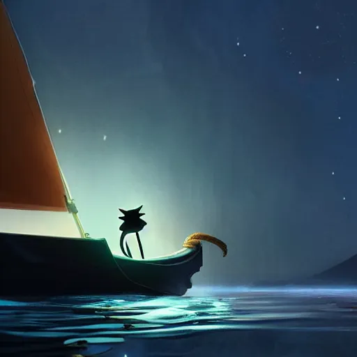 Image similar to a wholesome animation key shot of a black cat sailing a boat in the night, medium shot, studio ghibli, pixar and disney animation, sharp, rendered in unreal engine 5, anime key art by greg rutkowski, bloom, dramatic lighting