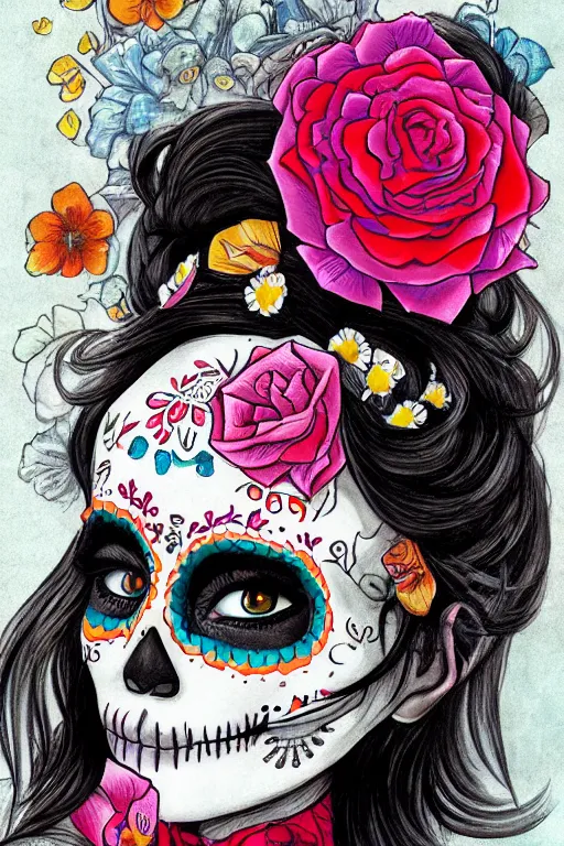 Image similar to illustration of a sugar skull day of the dead girl, art by lixin yin