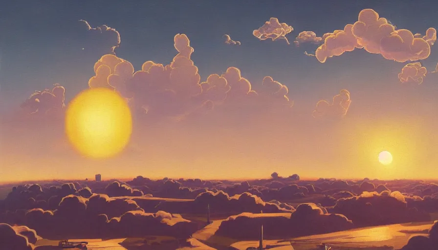 Image similar to clouds floating in front of the sun in space, simon stalenhag, art deco painting