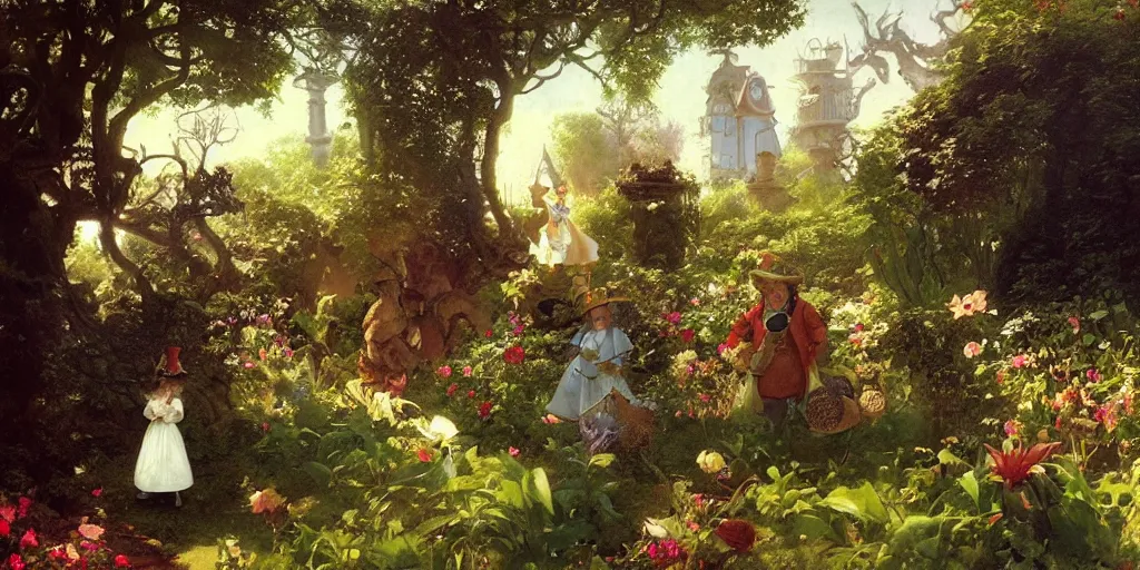 Image similar to alice in wonderland in the garden, john tenniel, normal rockwell, craig mullins, david curtis, carl spitzweg, morgan weistling, chris foss