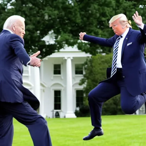 Prompt: trump jumping biden on the white house lawn