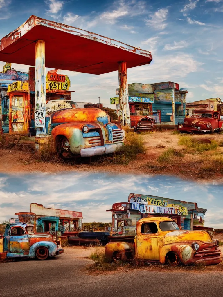 Image similar to A beautiful colorful evening scene of route66 with abandoned gas station and rusty old pickup truck :: hyper realistic