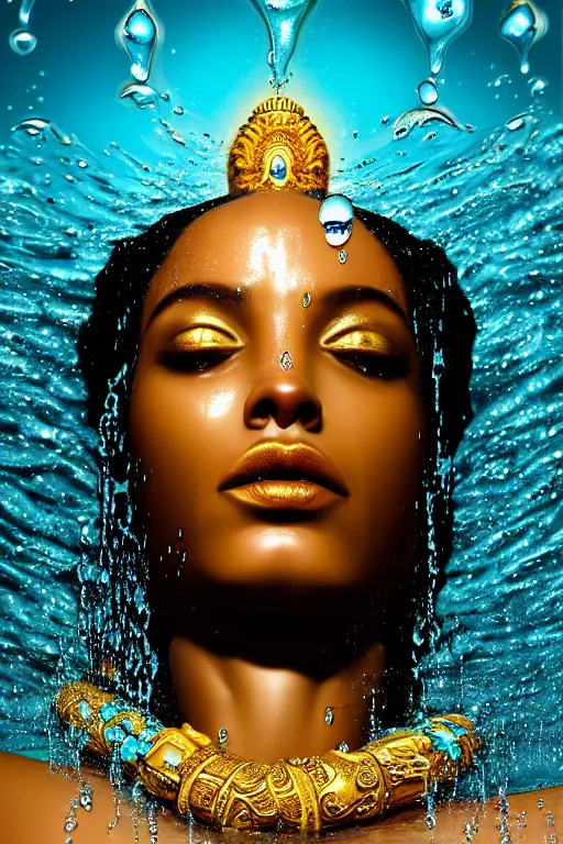 Image similar to hyperrealistic neo - pop cinematic super expressive! oshun goddess immersed in water!, mirror dripping droplet, gold ornate jewely, highly detailed face, digital art masterpiece, smooth eric zener cam de leon, dramatic pearlescent turquoise light on one side, low angle uhd 8 k, shallow depth of field