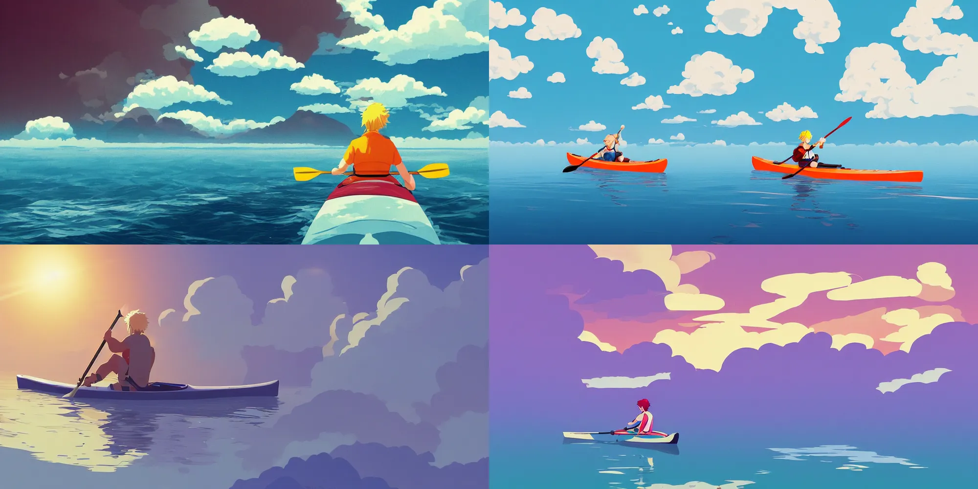 Prompt: blond kayaker paddling in his light blue kayak!!!!! above the clouds in the sky, by James Gilleard, studio ghibli, highly detailed trending at artstation, 4k, hdr, backlight