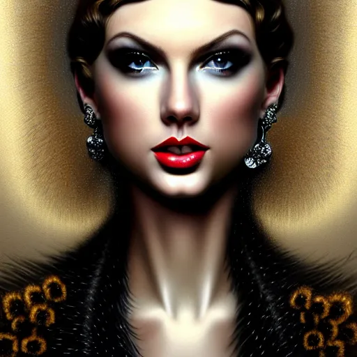 Image similar to face portrait of an absurdly graceful, elegant, sophisticated taylor swift covered in black feathers in the style of casey baugh, vladimir kush, yasunari ikenaga, yasar vurdem, william oxer, intricate, beautiful, artstation 8 k, high resolutionsparkling atom fractals of jewls cords