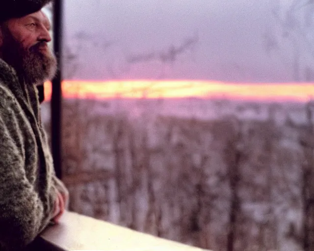 Image similar to award - winning lomographic tarkovsky film still of 4 0 years russian man with beard and sweater standing on small hrushevka 9 th floor balcony in taiga looking at sunset, cinestill, bokeh