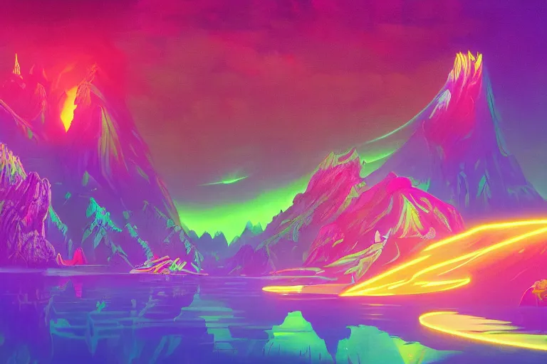 Prompt: wide ((wide)) photo of beautiful Jesse Faden (((dynamic neon lighting)) in chromatic dmt trippy lake with glowing birds, mountains, elegant, highly detailed, sharp focus, illustration, beautiful, geometric, trending on artstation, cinematic, artwork by Tran, Ross and Aivazovsky, Ivan