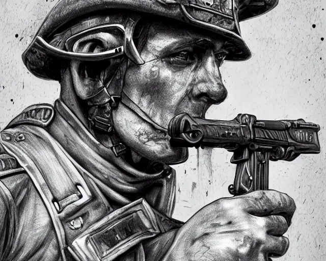 Prompt: A soldier aiming a gun with a hateful face, world war 1, close-up, realistic face, beautiful face detail, mature facial features, black and white, amazing digital art, hyper detailed, artstation, in the style of Tony Sart