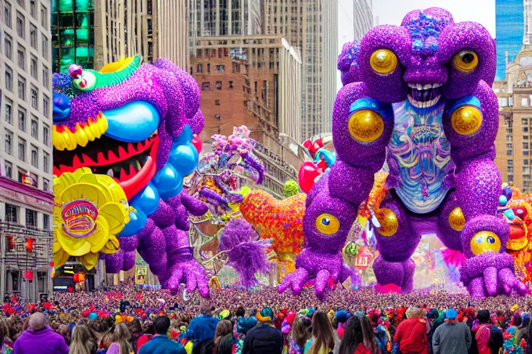 Image similar to photo of giant beautiful elaborate parade float monster designed by lisa frank and geof darrow, in the macys parade, detailed 4 k photo, gigapixel, hyperdetailed