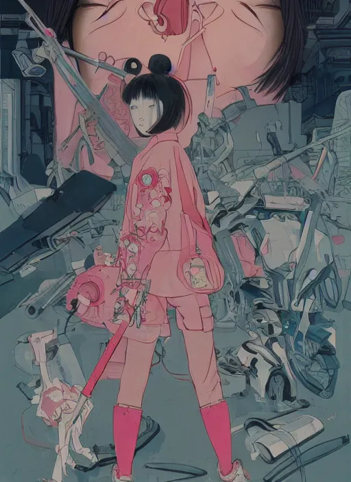 Image similar to Artwork by James Jean, Phil noto and hiyao Miyazaki ; (1) a young Japanese future samurai police lady named Yoshimi battles an (1) enormous evil natured carnivorous pink robot on the streets of Tokyo; Japanese shops and neon signage; crowds of people running; Art work by hiyao Miyazaki, Phil noto and James Jean