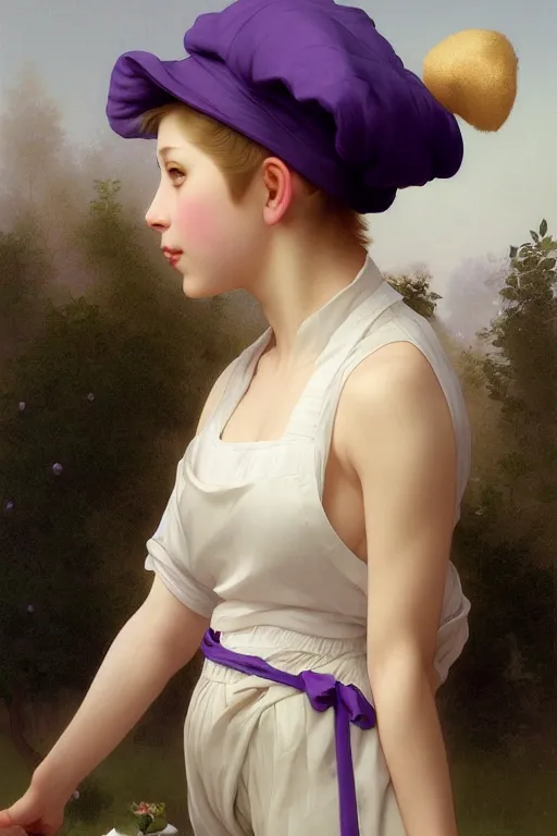 Image similar to Full View girl with short blond hair wearing an oversized purple Beret, Baggy Purple overall shorts, Short Puffy pants made of silk, silk shoes, a big billowy scarf, Golden Ribbon, and white leggings Covered in stars. Short Hair. masterpiece 4k digital illustration by Ruan Jia and Mandy Jurgens and Artgerm and william-adolphe bouguereau, award winning, Artstation, art nouveau aesthetic, Alphonse Mucha background, intricate details, realistic, panoramic view, Hyperdetailed, 8k resolution, intricate art nouveau