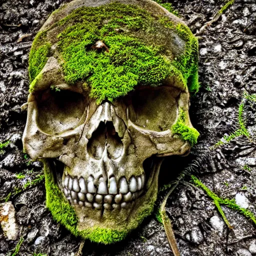 Prompt: mossy human skull being reclaimed by nature, macro photography, wide angle lens, blurred background