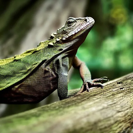 Image similar to medieval cloak wearing lizard, photograph captured in the woods