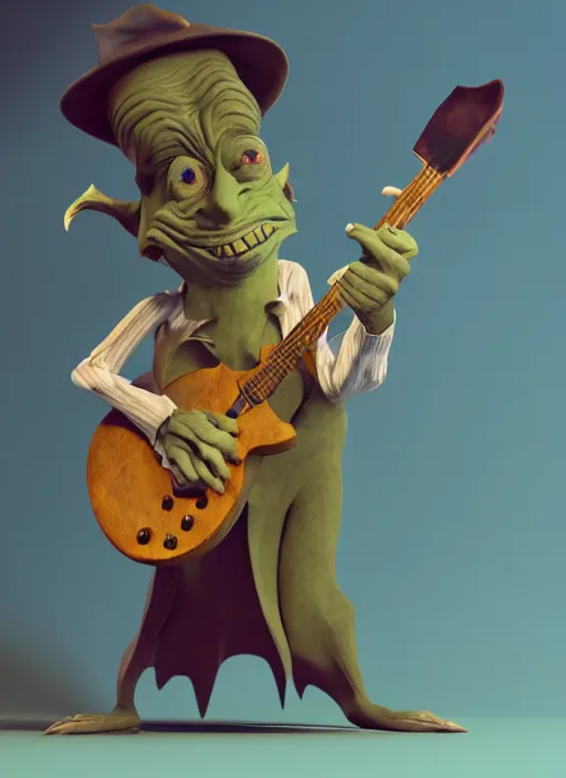 Image similar to a cute sharply dressed goblin playing the blues on an old guitar, in the style of boris valejo and man ray and terry gilliam, fantastic, dramatic lighting, smoke, mist, forest, hyperrealistic, detailed, octane render