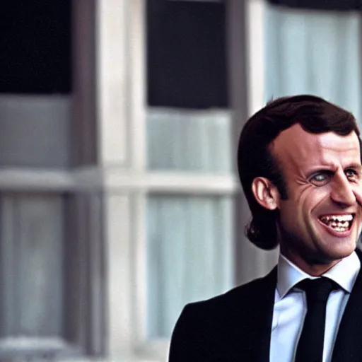 Prompt: Emmanuel Macron laughing in American Psycho (1999)