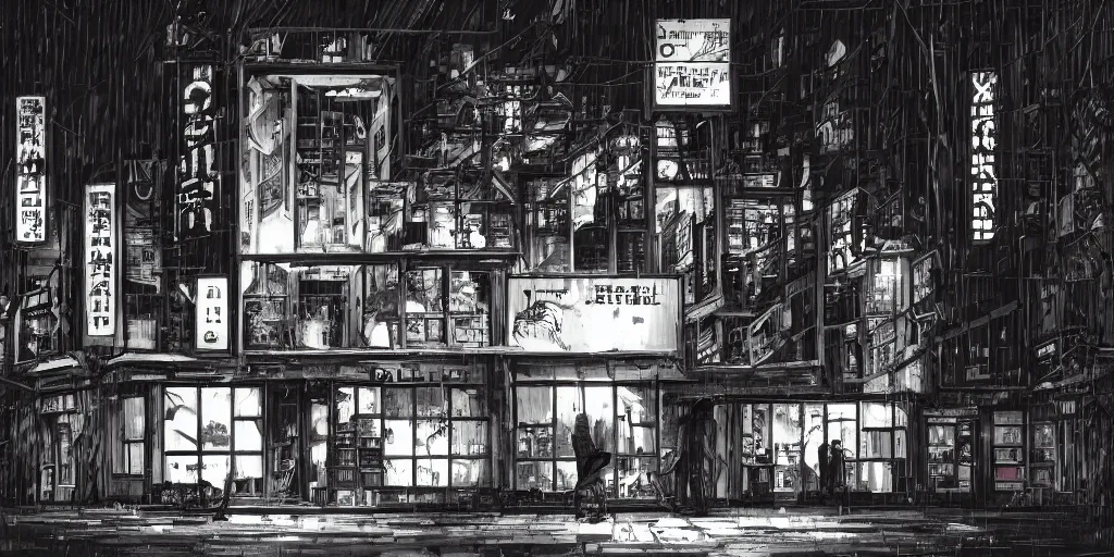 Image similar to cinematic shot of the facade of an old bookstore called babel in a dark alley, dystopian future, neon lights, sci - fi, night lights, haze, concept art, intricate, in the style of katsuhiro otomo, akira, unreal engine