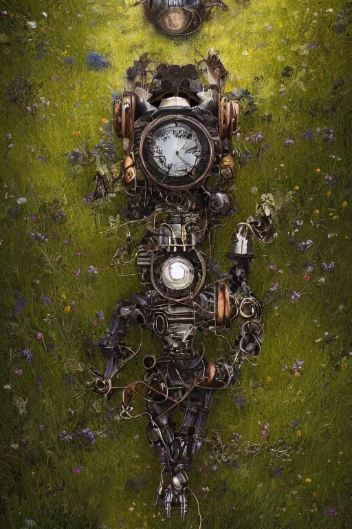 Image similar to a portrait of a broken mechanical steampunk robot laying in the meadow covered in plants by greg rutkowski, sung choi, mitchell mohrhauser, maciej kuciara, johnson ting, maxim verehin, peter konig, bloodborne, 8 k photorealistic, cinematic lighting, hd, high details, dramatic, dark atmosphere, trending on artstation