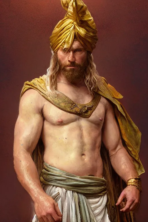 Prompt: painted portrait of rugged thor norse god wearing turban by greg rutkowski craig mullins art germ alphonse mucha, messy gold body paint over back and his arms, white hair handsome muscular upper body mature warm tone bulging bubble flowing robe [ ancient norse motifs ] background fantasy intricate elegant detailed digital painting concept art artstation sharp focus illustration