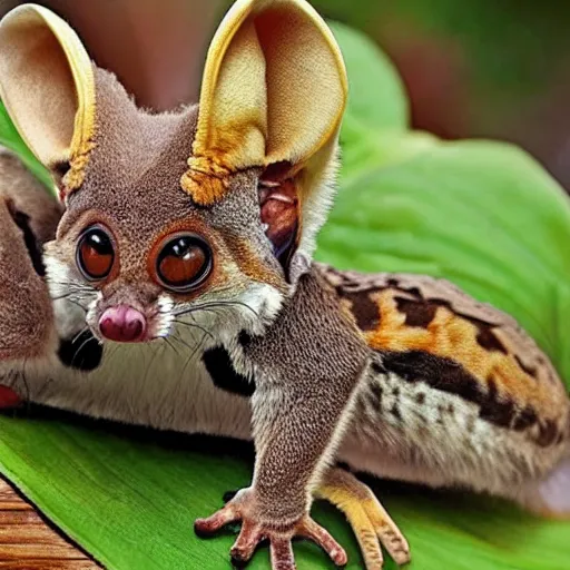 Prompt: Super cute animal combination of Margay, Gecko, Tarsier, Sugar glider, Sand cat, Bee hummingbird, Pygmy hippopotamus , Leafy sea dragon, Elephant Shrew, Klipspringer, Fennec Fox, Tawny frogmouth, Quetzal and Star-nosed mole