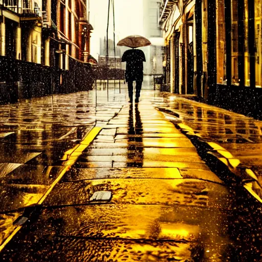 Image similar to golden man walking on a rainy street, golden hours, heat wave, 4 k photoshop