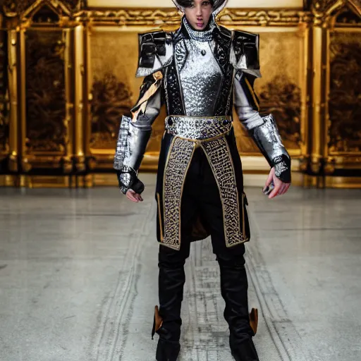 Image similar to Austin Butler dressed in futuristic-baroque duelist-garb and battle armor, standing in an arena, XF IQ4, f/1.4, ISO 200, 1/160s, 8K, RAW, unedited, symmetrical balance, in-frame