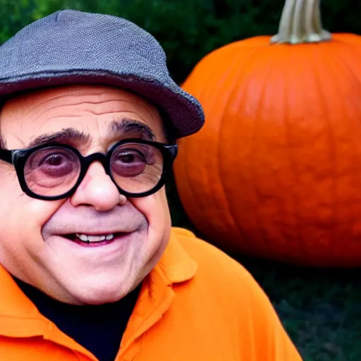 Prompt: photograph of danny devito cosplaying as a pumpkin, 4 k