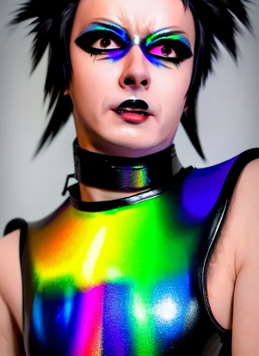 Image similar to hyperrealistic style portrait of tracer overwatch, confident pose, wearing black iridescent rainbow latex, rainbow, neon, 4 k, expressive happy smug expression, makeup, in style of mark arian, wearing detailed black leather collar, wearing sleek armor, black leather harness, expressive detailed face and eyes,