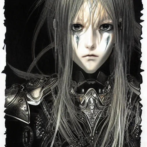 Image similar to Yoshitaka Amano realistic illustration of an anime girl with black eyes, wavy white hair fluttering in the wind and cracks on her face wearing Elden ring armour with engraving, abstract black and white patterns on the background, noisy film grain effect, highly detailed, Renaissance oil painting, weird portrait angle, blurred lost edges, three quarter view