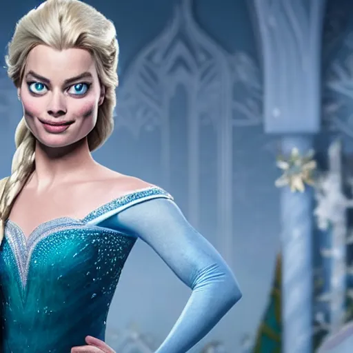 Image similar to Margot Robbie as Elsa in disney frozen live action, 8k full HD photo, cinematic lighting, anatomically correct, oscar award winning, action filled, correct eye placement,