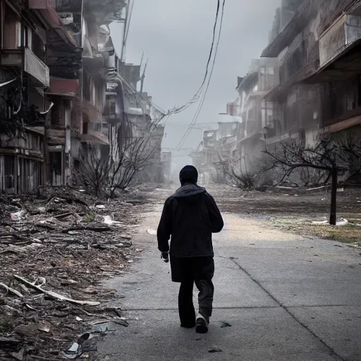 Image similar to a photo of a man walking around an abandoned city after a pandemic. Taken with a Canon EOS 5D.