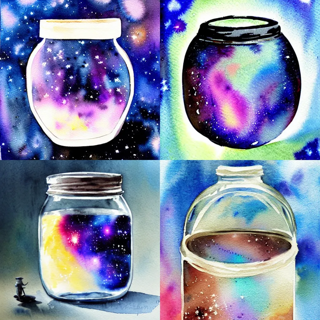 Image similar to a watercolor painting of a galaxy inside a jar, artstation