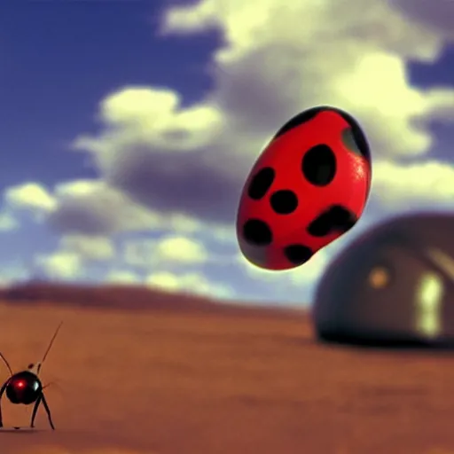 Prompt: promotional still wide angle, ladybug tripod roams a barren wasteland, dramatic lighting, ( e. t. the extra - terrestrial ), batteries not included, harry potter, imax, 7 0 mm.