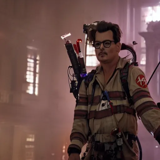 Image similar to stunning awe inspiring johnny depp as a ghostbuster in the movie ghostbusters, movie still 8 k hdr atmospheric lighting
