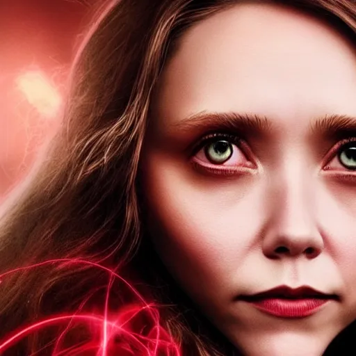 Prompt: Elisabeth Olsen as Scarlet Witch with a glowing aura around her, head and shoulders portrait, extremely detailed masterpiece, one single continues line.