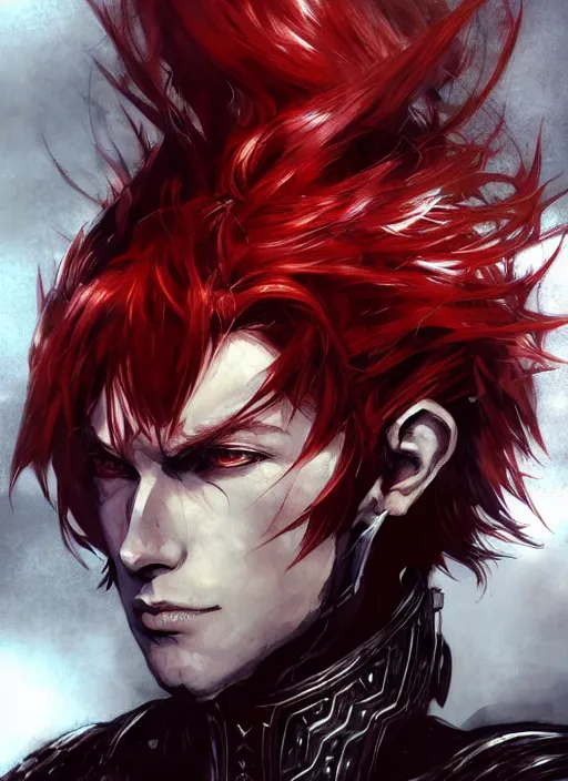 Image similar to Half body portrait of a handsome red haired elven prince in dragon scale armour. In style of Yoji Shinkawa and Hyung-tae Kim, trending on ArtStation, dark fantasy, great composition, concept art, highly detailed.