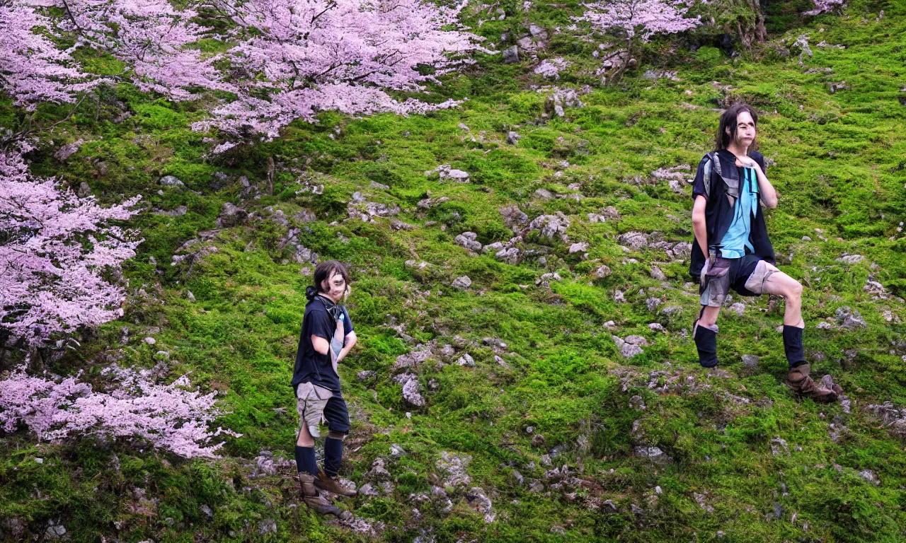 Prompt: biohacker living beyond 200 years, posing on a mountain ridge, lovely cherry trees nearby, studio ghibli style