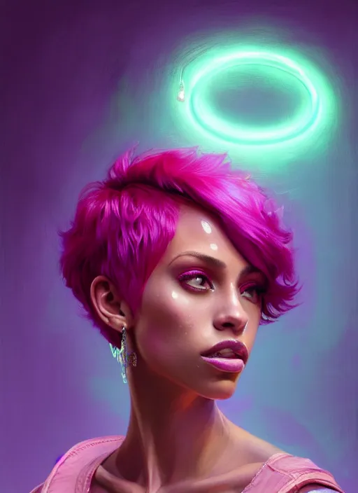 Image similar to portrait of vanessa morgan with bright pink hair, curly pixie cut hair, wearing a purple breton cap, breton cap, hoop earrings, intricate, elegant, glowing lights, highly detailed, digital painting, artstation, concept art, smooth, sharp focus, illustration, art by wlop, mars ravelo and greg rutkowski