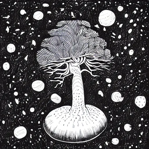 Image similar to black and white ink doodle illustration of an ancient tree floating in outer space, overgrown with funghi, style by peter deligdisch, peterdraws