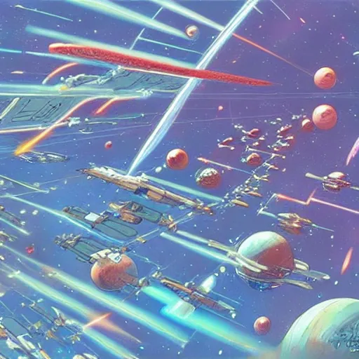 Prompt: an epic space battle between hundreds of starships, digital painting by moebius, daniel taylor, and studio ghibli