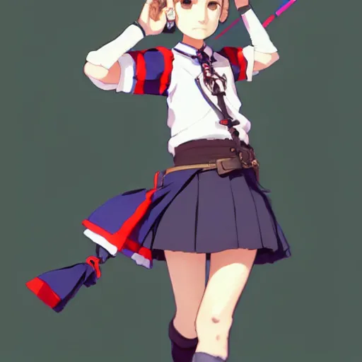 Image similar to a beautiful! boyish! natalie portman model, wearing catholic school girl outfit with mayan pattern and native style, jrpg aztec street fashion, gapmoe yandere grimdark, trending on pixiv fanbox, painted by greg rutkowski makoto shinkai takashi takeuchi studio ghibli, akihiko yoshida