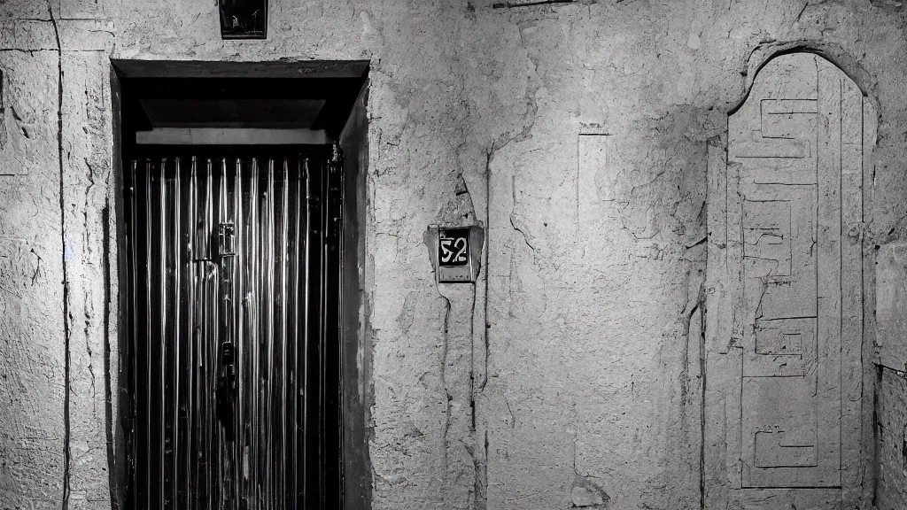 Image similar to detailed photograph of a doorway in a ( ( gray ) ) stoney extremely narrow nightclub hallway with a ( ( neon ) ) sign, aztec architecture, dimly lit, sharp focus