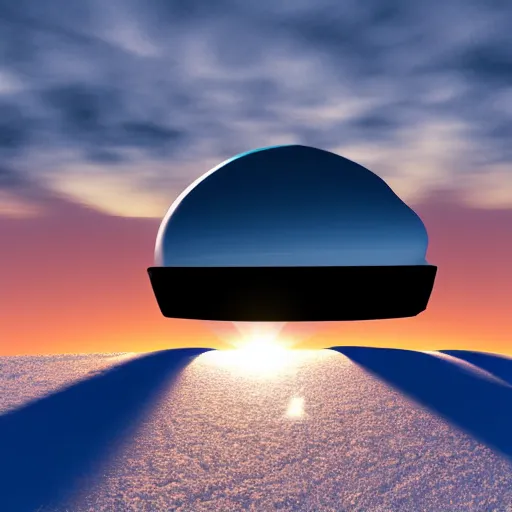 Prompt: a small spaceship landed on an ice covered planet, gradient sunset in the background