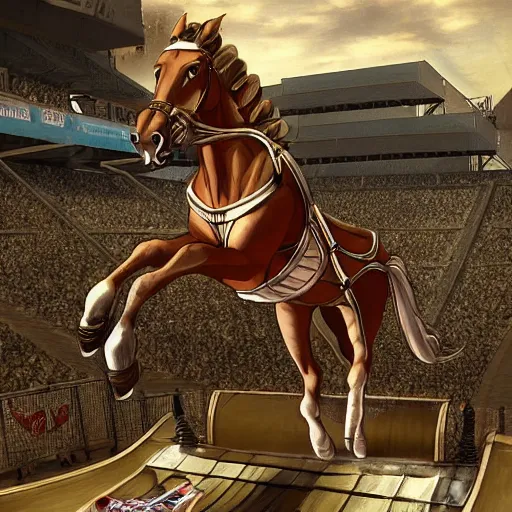 Prompt: roman horse chariot racer high jumping with chariot in a skate park half-pipe, video game cover, intense, high detail, crowd cheering