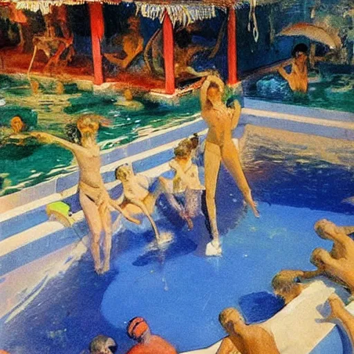 Image similar to A installation art of a swimming pool with a big splash in the center. The colors are very bright and the installation art is very eye-catching. in India by Anders Zorn expressive