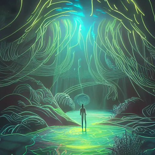 Prompt: an underwater alien ocean, filled with bioluminescence, twirling glowing sea plants, neon colors, and a mystical misty glow, ethereal, detailed, fantasy illustration, dark brooding and eerie