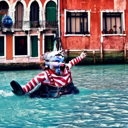 Image similar to a screaming chucky doll swimming after a gondola of tourists in venice