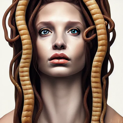 Image similar to portrait of medusa with long thin sausages instead of snakes, sausage hair, painting, illustration, intricate details, masterpiece, digital art, trending on artstation