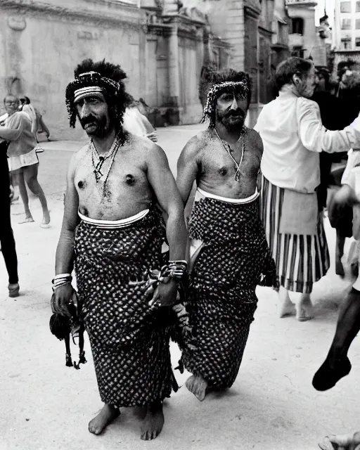 Image similar to Award winning reportage photo of Monegasque Natives with incredible hair wearing traditional garb by Garry Winogrand and Dian Arbus, 85mm ND 5, perfect lighting, gelatin silver process